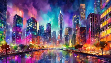 Foto op Plexiglas Vibrant Urban Landscape: Colorful City with Modern Buildings © Only 4K Ultra HD