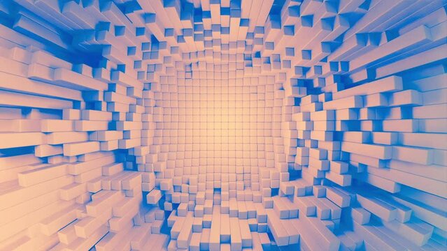 Cubes animation, squares background template pattern with different levels and depth smooth place for logo or product design or tech. Backdrop for studio photos. White blue color mosaic perspective