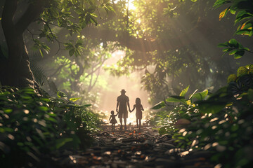 A striking 3D rendering of a family walking hand in hand through a lush forest, showcasing the beauty of reconnecting with nature in sustainable living,