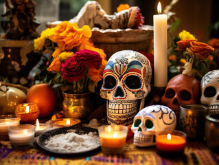 Colorful altar for Dia de los Muertos, decorated with flowers and candles, celebrating Mexican culture.