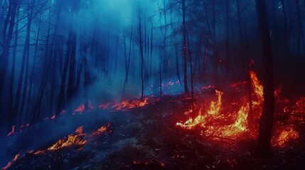 Fire in the forest. The fire burns the trees. Cinematic. AI generative.