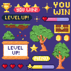 Vector Pixel Art 8-bit. Level up with character animation game design. Retro 80s - 90s style video game sprites. Retro video game interface elements