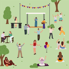 Music festival, open-air concert with outdoor stage. Young people sitting on grass in park, having picnic Crowd at summer concert in nature for adults and children.