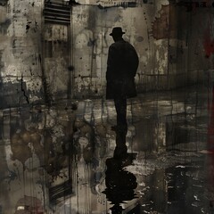Detective figure in a dark alley, his shadow reflected on wet concrete. Street mystical illustration. Crime scene concept, LA noire. Generative AI