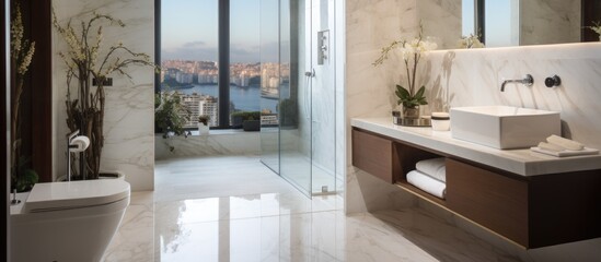 A modern white toilet, sleek sink, and spacious shower in a luxurious marble bathroom. The toilet, sink, and shower are neatly arranged in the contemporary bathroom space.