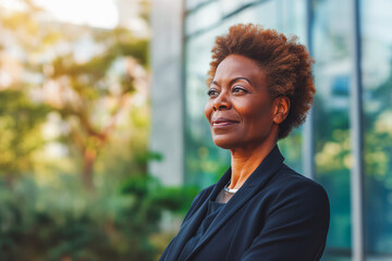 Obraz premium Satisfied older afro american Businesswoman in suit going home after long working day and looking at side. Modern building with some greenery in background, little blur.