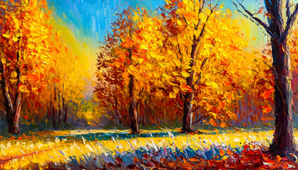 Autumn panorama. Original oil painting on canvas art. Sunny autumn forest trees. Modern impressionism. © Uuganbayar
