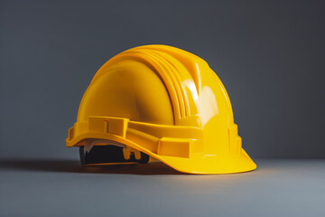 Fototapeta premium Yellow hard hat on grey background. The helmet ensures safety on various construction sites.