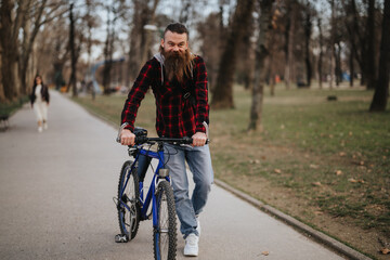 Stylish bearded man with a long board biking casually in an urban park with trees and a walking path.