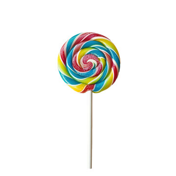 Colorful rainbow lollipop swirl on wooden stick isolated on white background
