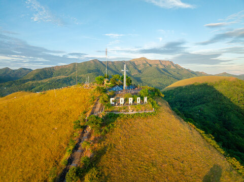 A large Cross in Mount Tapyas Viewdeck, view from drone. Coron, Palawan. Philippines.