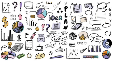 Business doodles hand drawn icons. Management infographic concept with financial business career development elements. Vector illustration EPS10