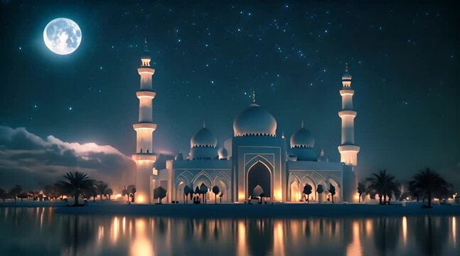 Ramadan kareem eid al fitr with holy gate of mosque with beautiful light on its minaret. animation background of a magnificent Mosque at midnight full moon with lake water reflection.