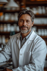 Fototapeta premium pharmacist in pharmacy store offering personalized healthcare consultations, medication reviews, and expert advice on drugs and medical treatments.