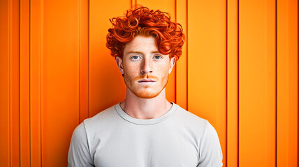 Diverse individual wavy red hair light beard, wearing plain gray shirt textured orange background.