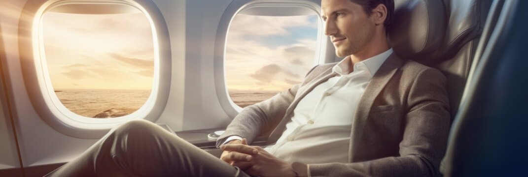 A male businessman sits in an airplane, gazing through the window.