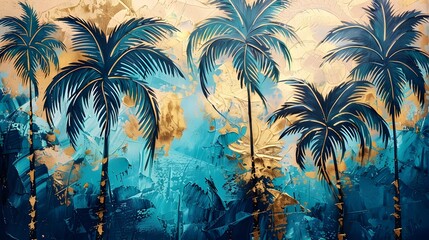 Fototapeta na wymiar Golden and dark blue and teal palm trees painting . Great for wall art and home decor. 