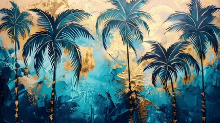Papier Peint photo Mur chinois Golden and dark blue and teal palm trees painting . Great for wall art and home decor. 