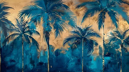 Papier Peint Lavable Mur chinois Golden and dark blue and teal palm trees painting . Great for wall art and home decor. 