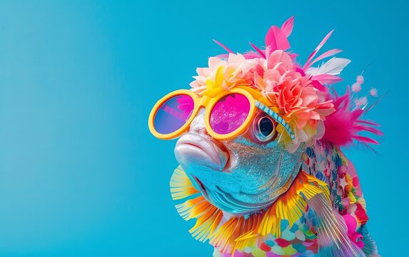 Fish in party theme portrait on solid pastel background. Birthday. presentation. advertisement. invitation. copy text space. 