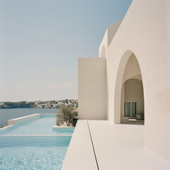 a house with a swimming pool and views of a waterway, in the style of greek art and architecture,...