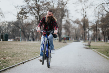 Joyful adult male with a long beard cycling along a tranquil park path surrounded by trees and benches