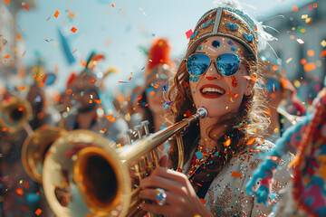 A lively marching band leading an Easter parade with musicians playing brass instruments and...
