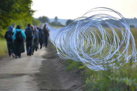 Group of blurred people migrating next to barbed wire
