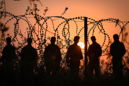 Silhouetted group of people standing next to barbed wire fence at sunset