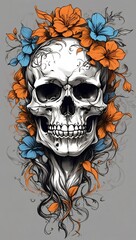 Floral Elegy: A Skull Embraced by the Vivid Dance of Life