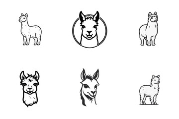 Fototapeta premium set of lama or alpaca black and white vector illustration isolated transparent background logo, cut out or cutout t-shirt print design