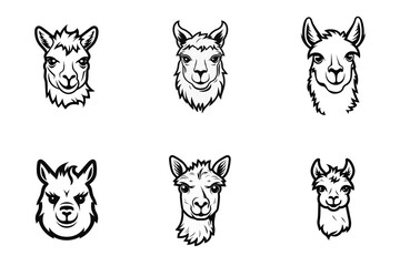 Fototapeta premium set of lama or alpaca black and white vector illustration isolated transparent background logo, cut out or cutout t-shirt print design