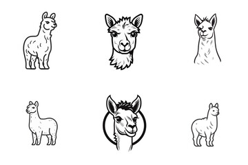 set of lama or alpaca black and white vector illustration isolated transparent background logo, cut out or cutout t-shirt print design