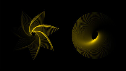 Set of gold 3D twisted lines. Style gradient spirals. Geometry tunnel with figures. Abstract technology stars. Vector illustration.