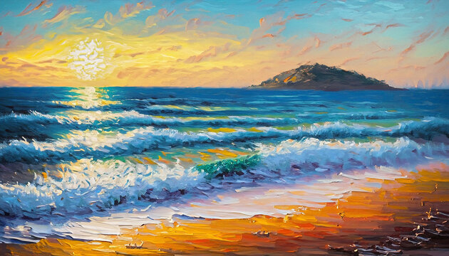 Morning on sea, wave, illustration, Oil painting paints on a canvas. beautifully painted drawing; modern artwork