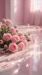 Ethereal Bloom: A Symphony of Soft Pink Roses in Sunlit Serenity