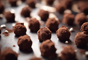 Chocolate truffles with cacao Preparation of chocolate truffles sprinkled with cocoa powder close-up  - Powered by Adobe