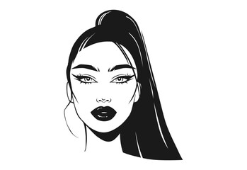 Woman Vector Illustration. Beautiful Girl with Long Black Hair and Plump Lips Portrait. Hand Drawn Female Beauty Face. - 747624383