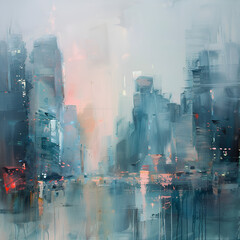 city skyline at sunset by oil painting