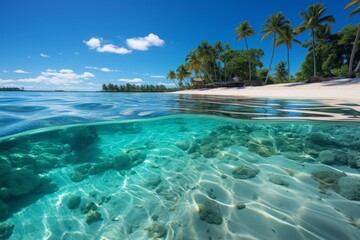 Paradise beach with light sand, turquoise ocean palm trees, blue sky