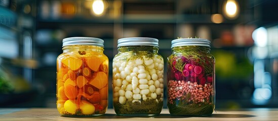 A photo featuring three jars filled with assorted vegetables, showcasing a variety of beneficial microorganisms for the human stomach. - obrazy, fototapety, plakaty