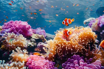 Naklejka na ściany i meble Dive into the mesmerizing world of a thriving coral reef, where a playful clownfish peeks out from its anemone home, showcasing incredible biodiversity.