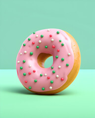 A delicious pink frosted doughnut on mint backround adorned with festive, colorful sprinkles, perfect for satisfying sweet cravings. Sweets, fat food,  diet, weight loss , sugar theme. 