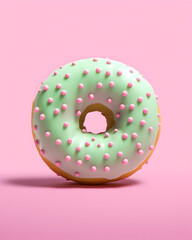 An appetizing digital illustration of a doughnut with mint icing topped with pastel pink sprinkles
