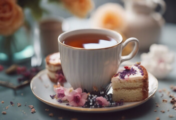 Cup of tea with cake and flowers in white ceramic cup - Powered by Adobe