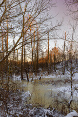 sunset on a river whose banks are covered with ice