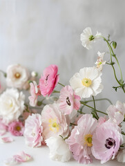 An array of pink and white flowers with their stems artistically sprawled against a pure white background, soft pastel colors, spring aesthetic design. 