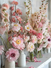 Naklejka na ściany i meble Lush and romantic array of flowers in soft pink shades, beautifully arranged in vases creating a dreamy atmosphere