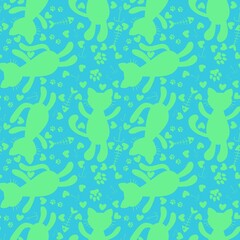 Cartoon animals accessories seamless cats and ball of threads and fish bones pattern for wrapping paper and fabrics