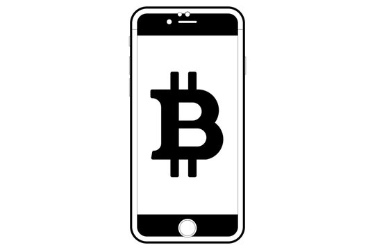 bitcoin, black and white graphic symbol, silhouette designed with graphics similar to a mobile phone with the image of bitcoin, increasingly higher auctions and value.